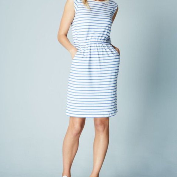 Boden Blackberry Striped Sleeveless Midi White & Blue Dress with Pockets Size 2 - Picture 2 of 12